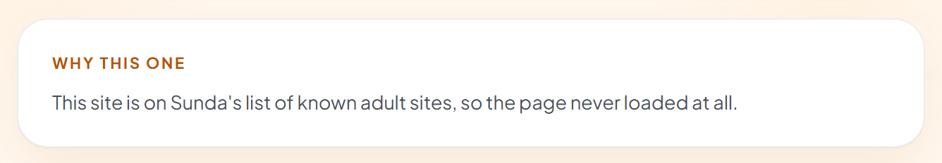 The Why this one card from the block page: a small amber heading reading WHY THIS ONE, and beneath it the sentence “This site is on Sunda's list of known adult sites, so the page never loaded at all.”