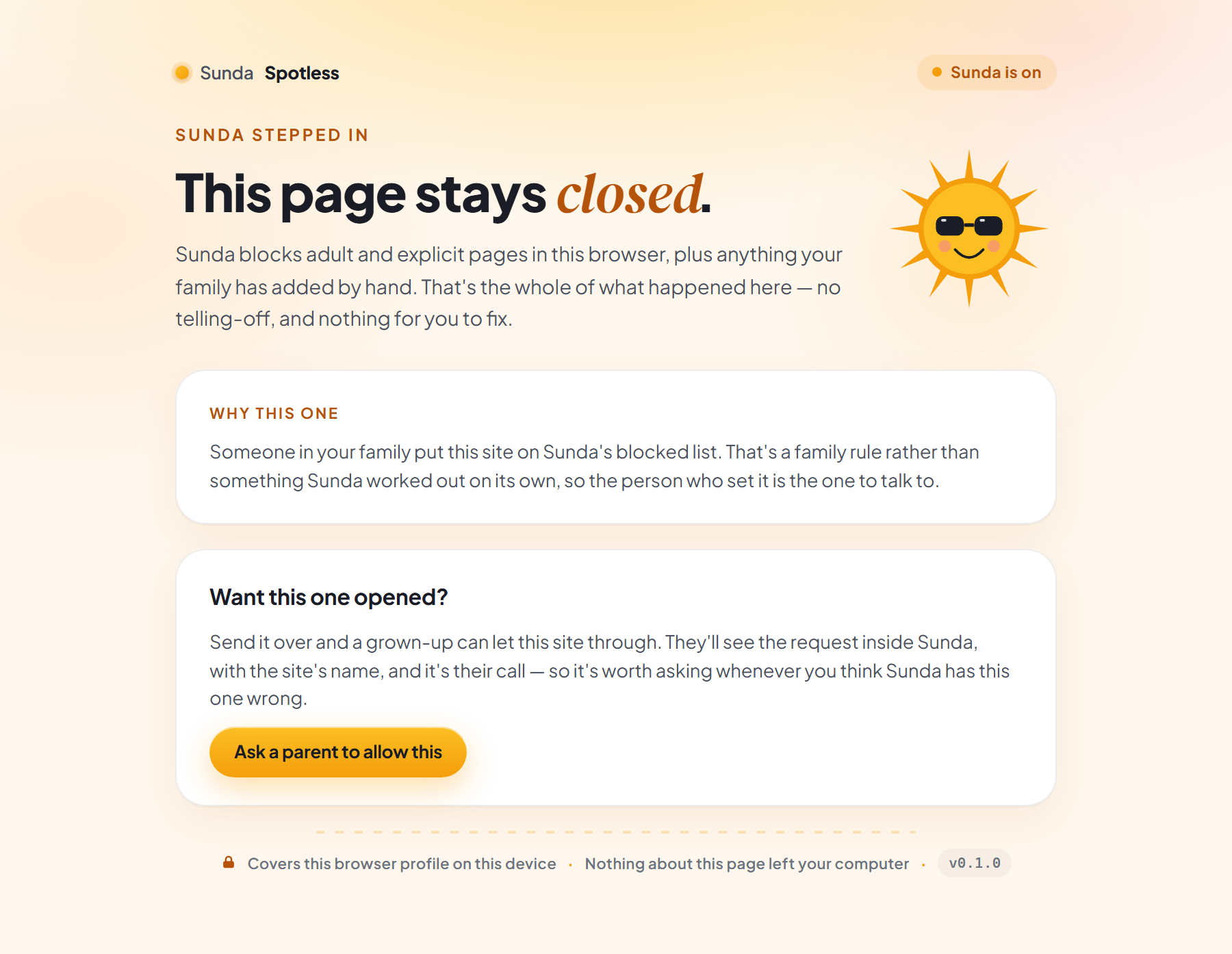 The page a child sees instead of a blocked site: a heading reading This page stays closed, a short note that Sunda blocks adult pages plus anything the family added by hand with no telling-off, a Why this one card explaining that someone in the family put this site on the blocked list, and a Want this one opened card with a button reading Ask a parent to allow this.