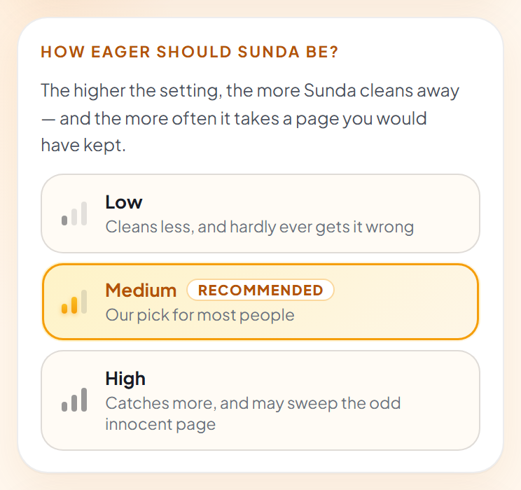 The How eager should Sunda be card: three choices side by side — Low, cleans less and hardly ever gets it wrong; Medium, marked Recommended, our pick for most people; and High, catches more and may sweep the odd innocent page.