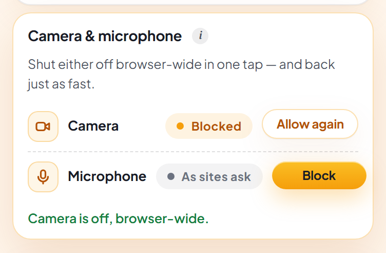 The Camera and microphone card: a line offering to shut either off browser-wide in one tap and back just as fast, a Camera row with a pill reading Blocked next to an Allow again button, a Microphone row reading As sites ask next to a Block button, and a green line underneath confirming the camera is off browser-wide.