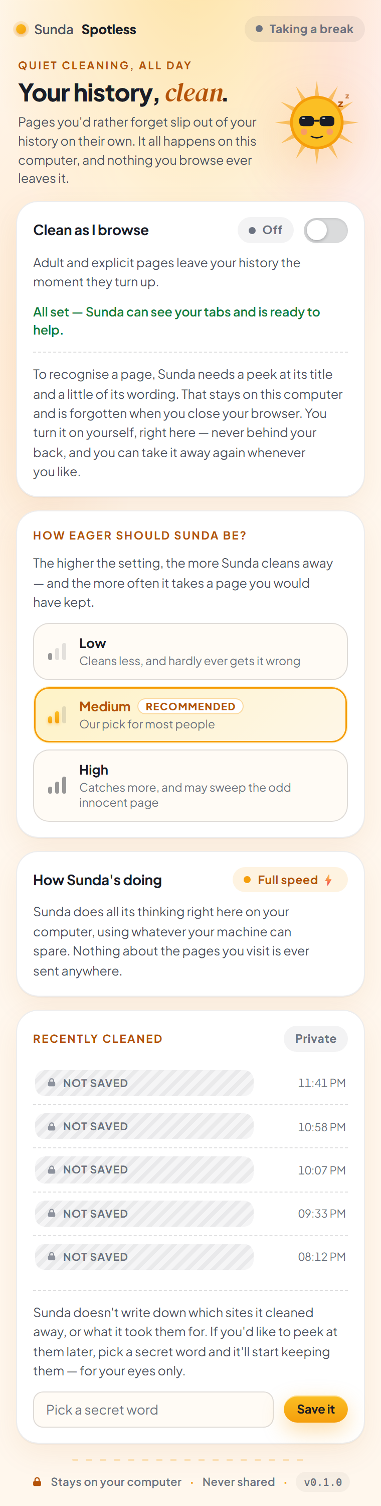 The whole popup with cleaning switched off: the pill at the top reads Taking a break, the Clean as I browse card shows Off with its switch swung to the left, and Sunda the sun is dozing under a little stack of z's.