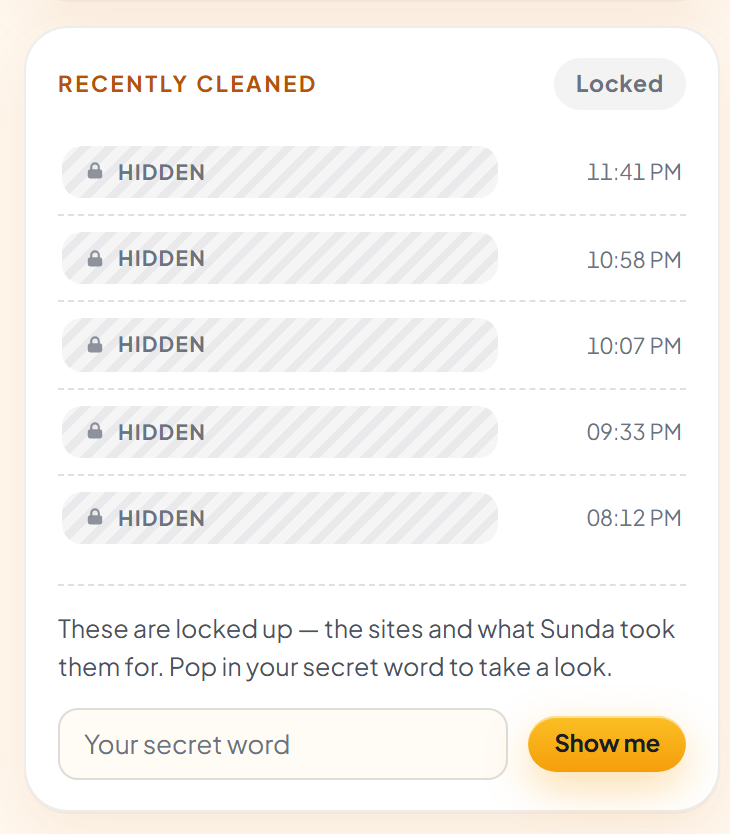 The Recently cleaned list while locked: each row is an identical hatched bar with only a time beside it, and a box asking for your secret word.