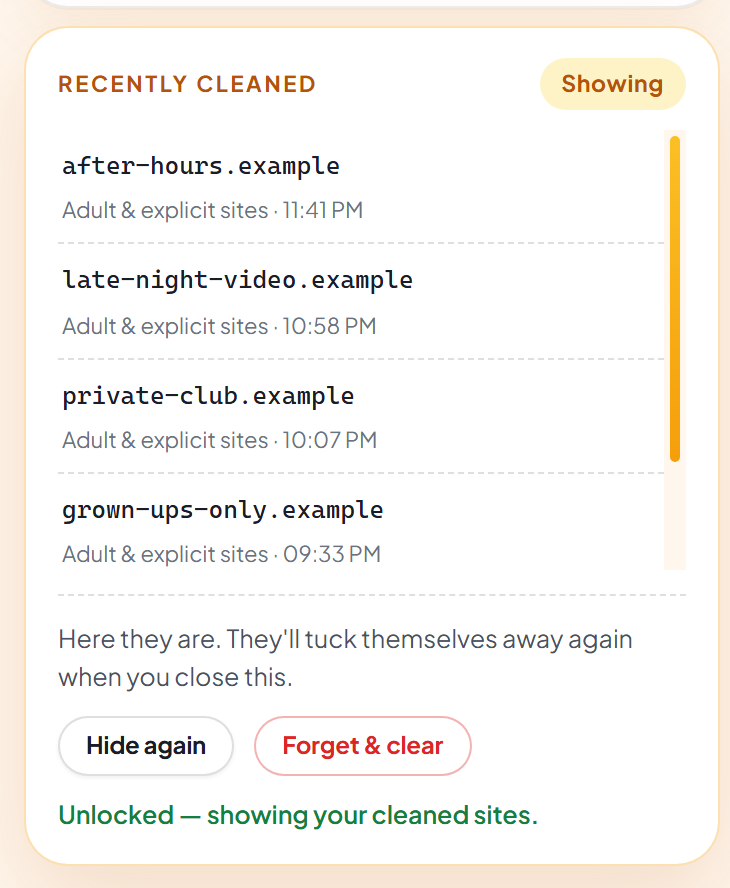 The Recently cleaned list after unlocking with the secret word: the rows now show site names beside their times, with buttons to hide the list again or to forget and clear it.