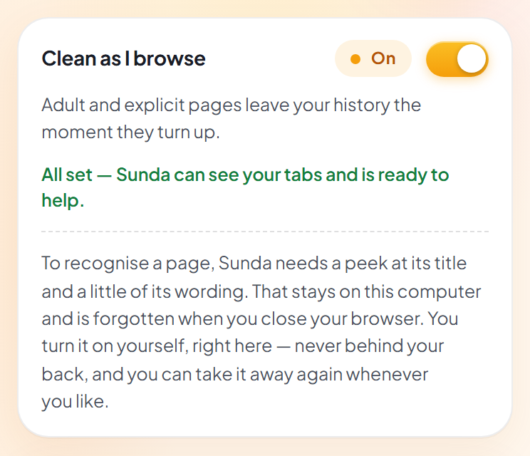 The Clean as I browse card: a switch turned on, a note that adult and explicit pages leave your history the moment they turn up, and an explanation that Sunda needs a peek at each page's title and a little of its wording, which stays on this computer.